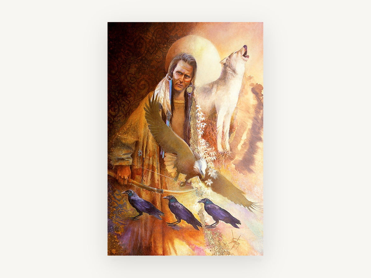 Wolf Eagle and Ravens, wolf, eagle and ravens figurative artwork, animal canvas wall art print, front view