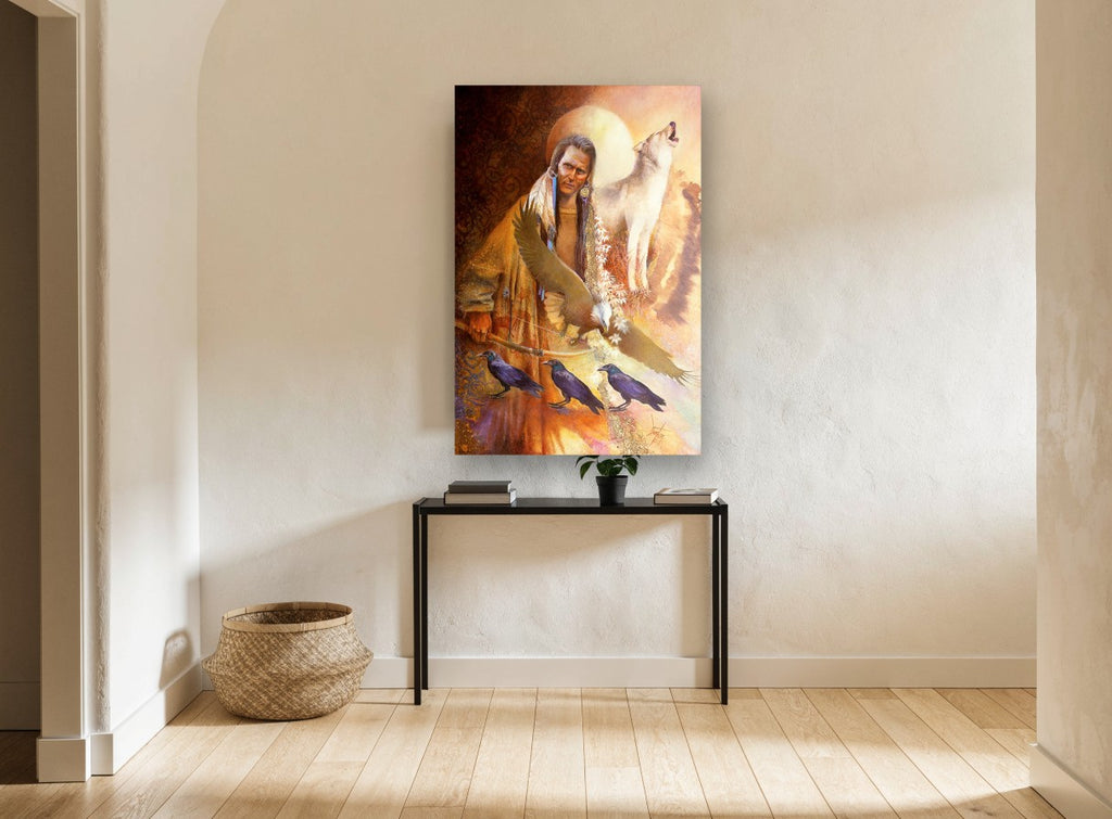 Wolf Eagle and Ravens animal canvas print on the wall of a hallway