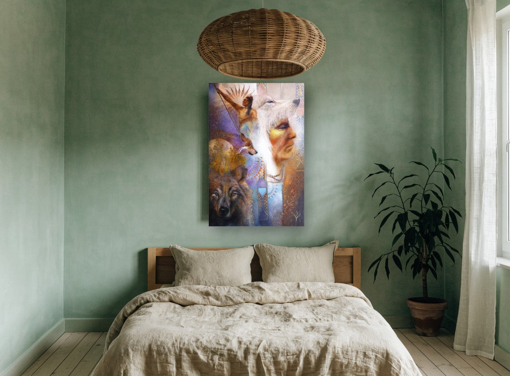 Wolf Spirit Collage animal canvas print on the wall of a bedroom