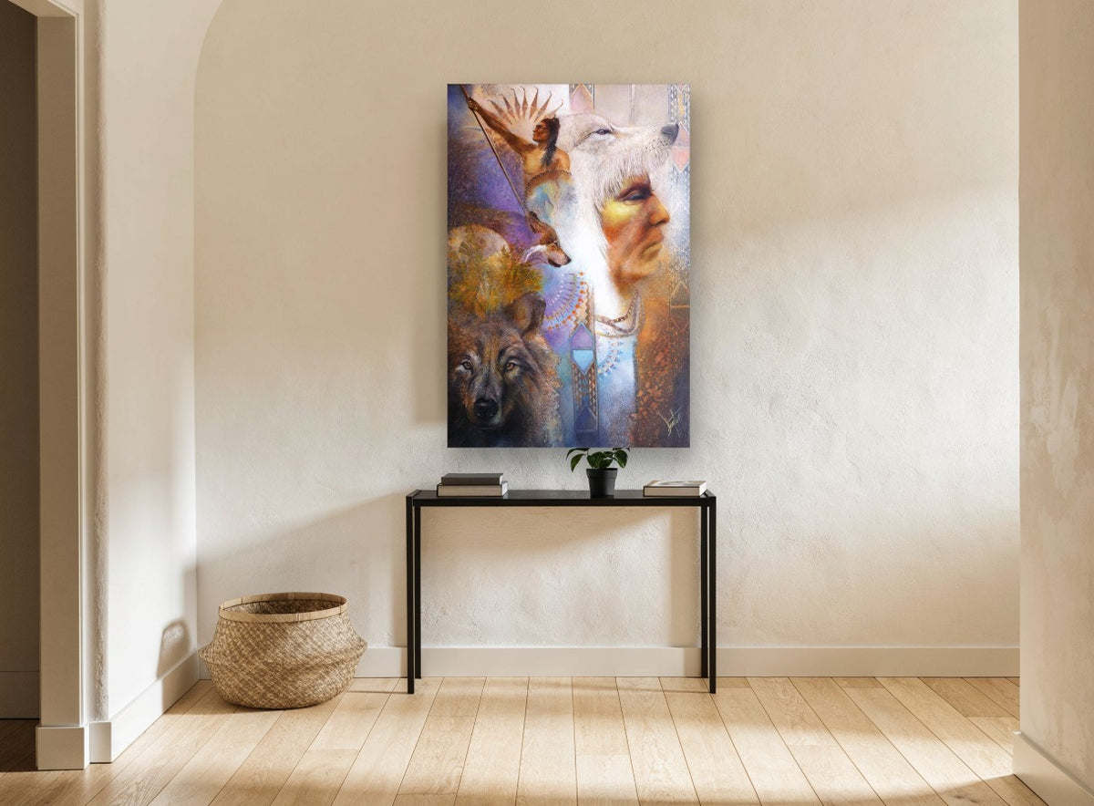 Wolf Spirit Collage animal canvas print on the wall of a hallway