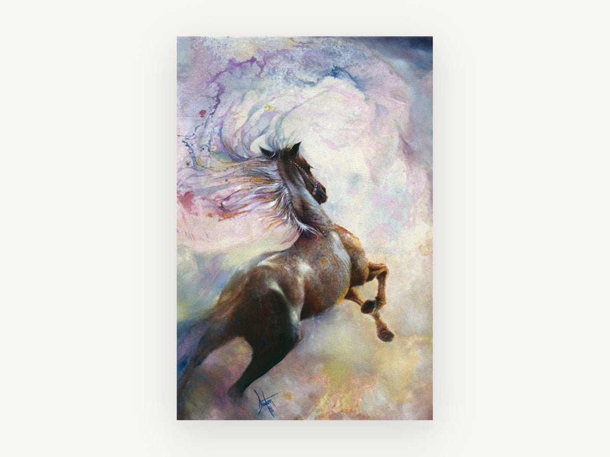 Horse Rearing Through Clouds, rearing horse cloudscape artwork, animal canvas wall art print, front view