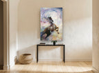 Horse Rearing Through Clouds animal canvas print on the wall of a hallway
