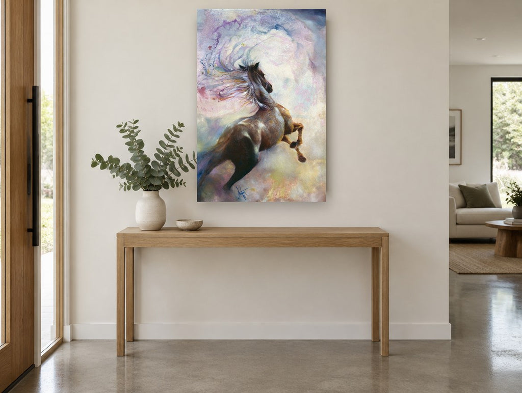 Horse Rearing Through Clouds animal canvas print on the wall of a entry hall
