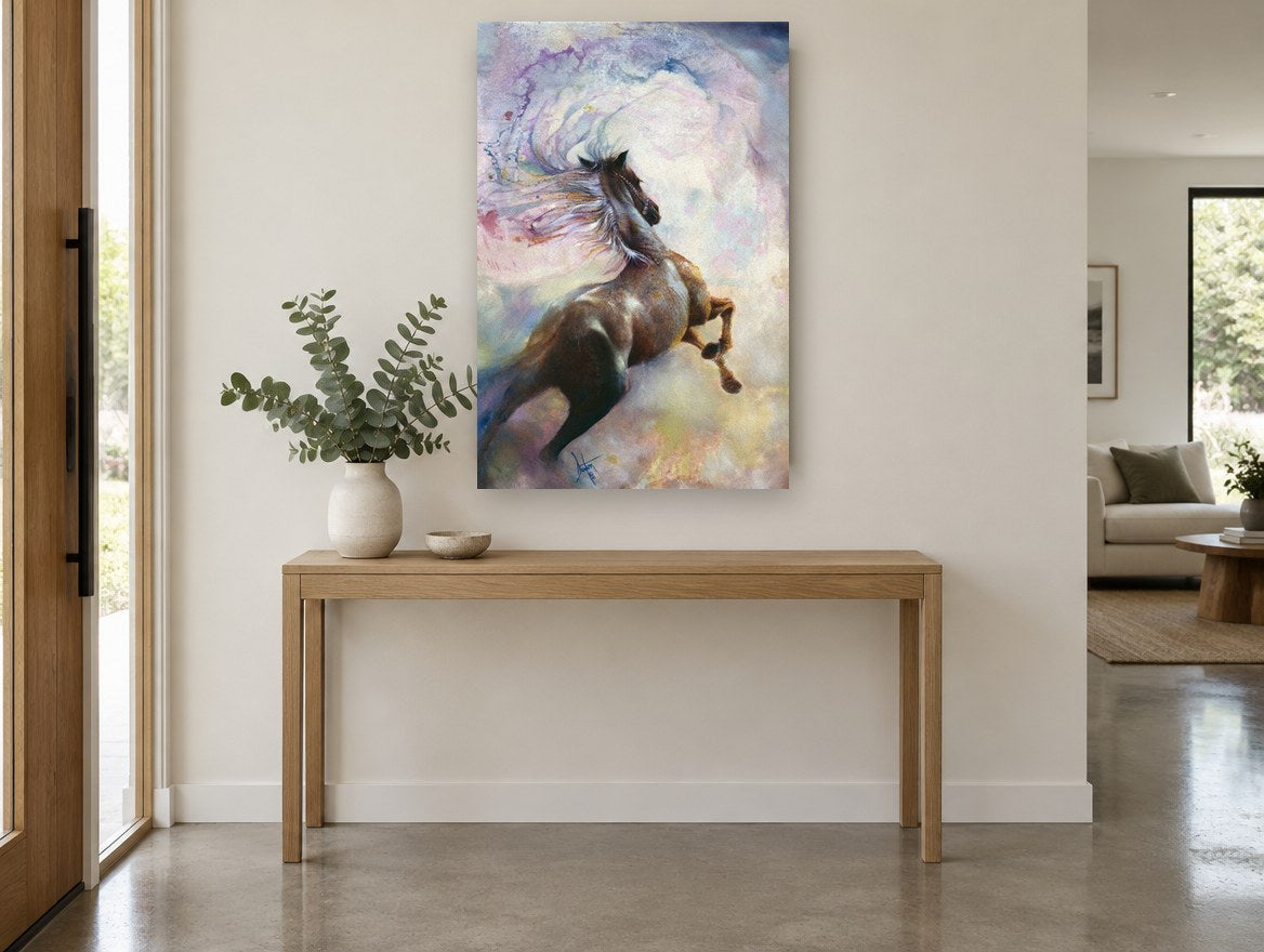 Horse Rearing Through Clouds animal canvas print on the wall of a entry hall