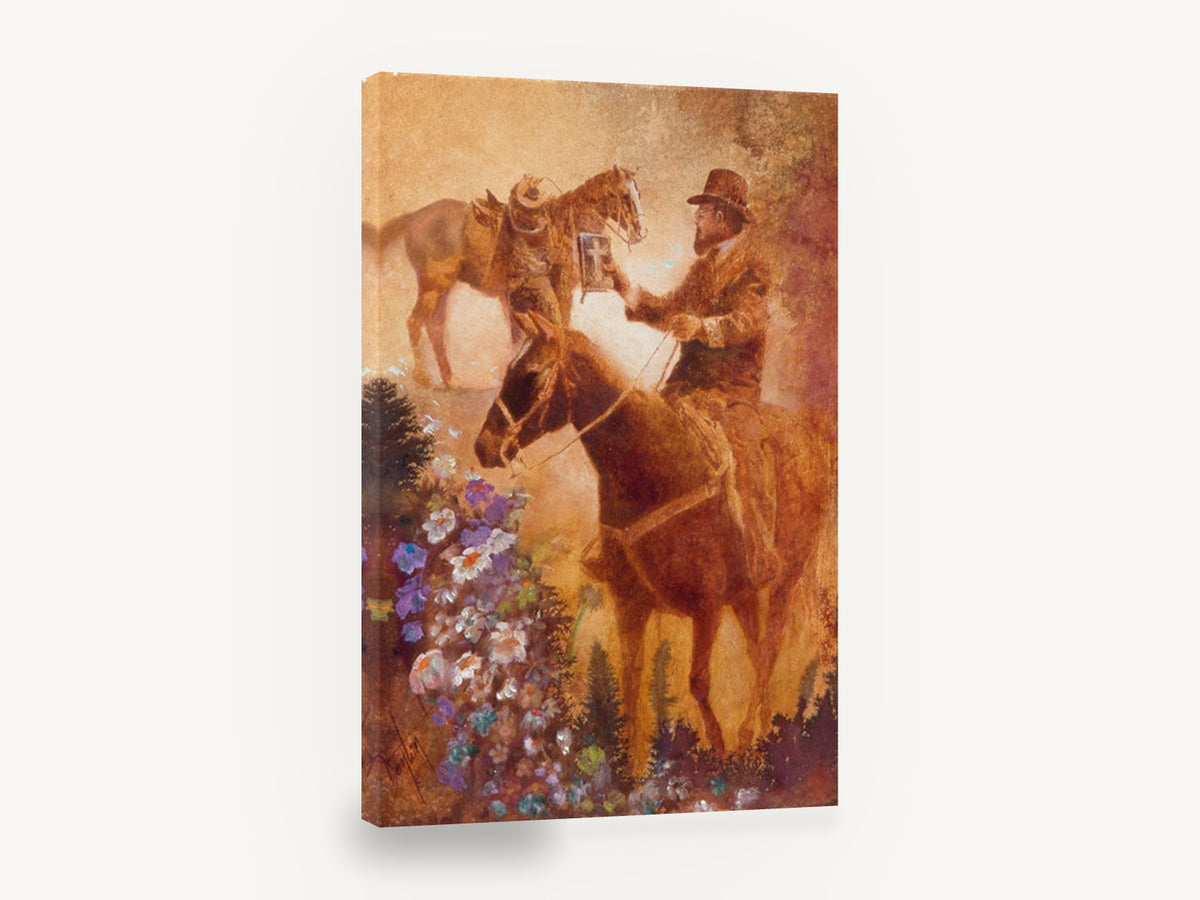 Rider With Book, horseback preacher figurative artwork, animal canvas wall art print ready to hang