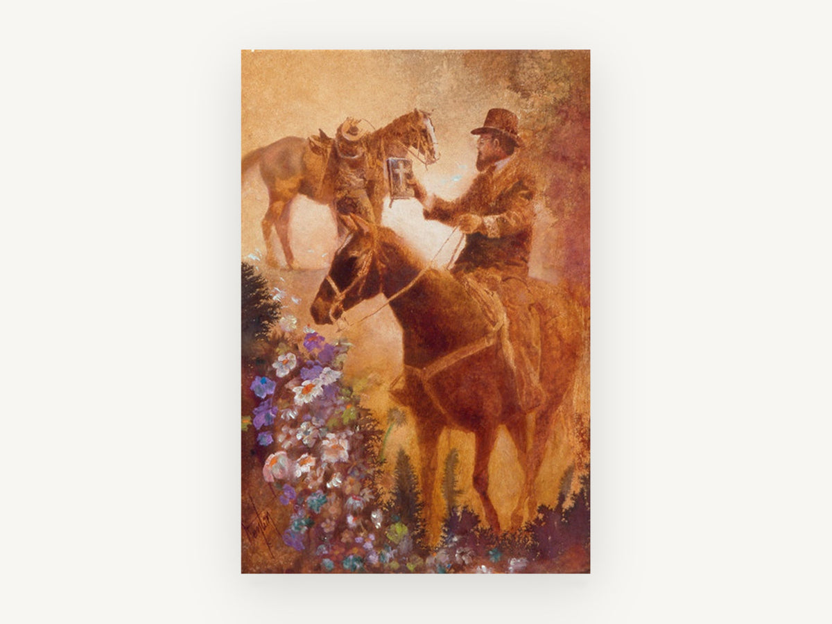 Rider With Book, horseback preacher figurative artwork, animal canvas wall art print, front view