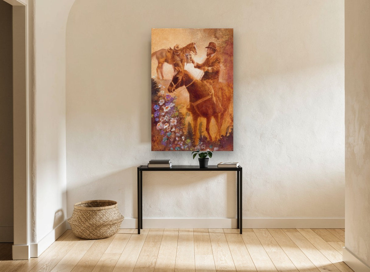 Rider With Book animal canvas print on the wall of a hallway