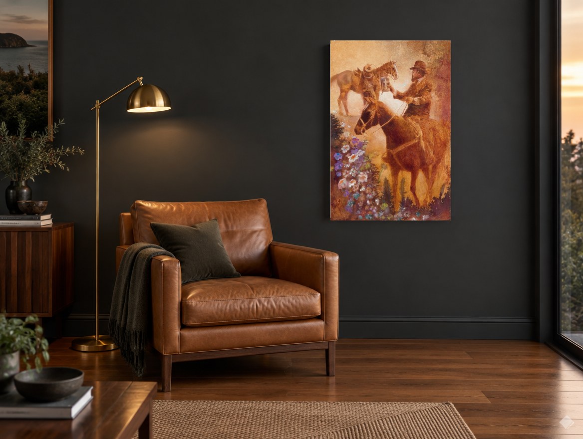 Rider With Book animal canvas print on the wall of a charcoal living room