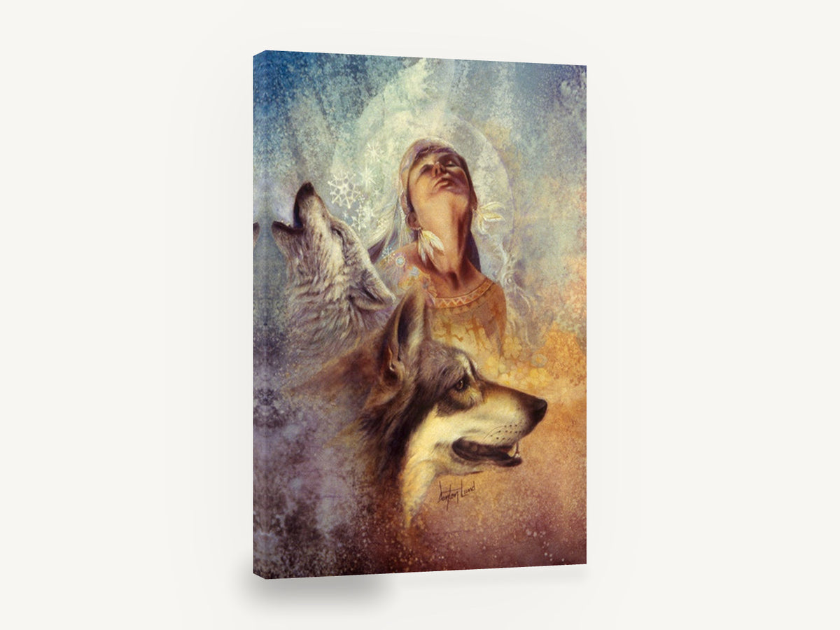 Wolf Song Reverie, wolves and woman fantasy artwork, animal canvas wall art print ready to hang