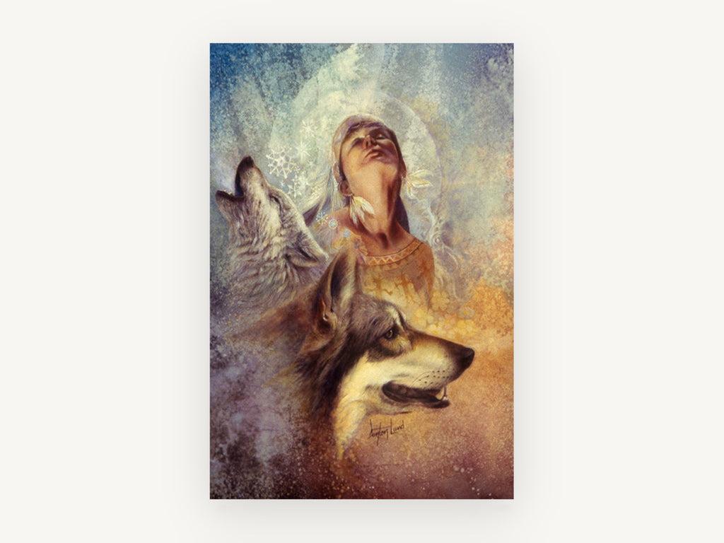 Wolf Song Reverie, wolves and woman fantasy artwork, animal canvas wall art print, front view