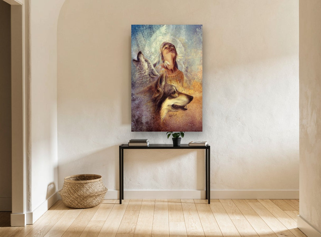 Wolf Song Reverie animal canvas print on the wall of a hallway