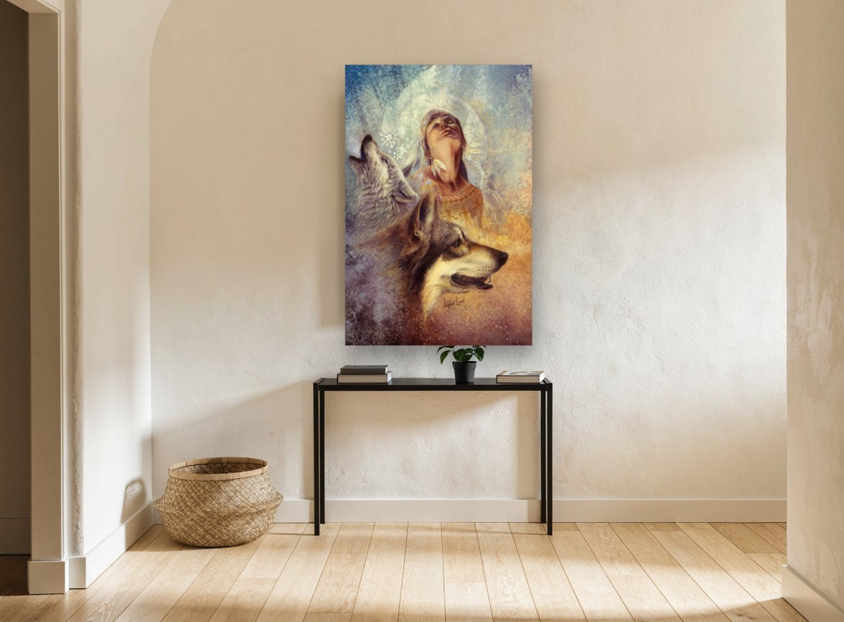 Wolf Song Reverie animal canvas print on the wall of a hallway