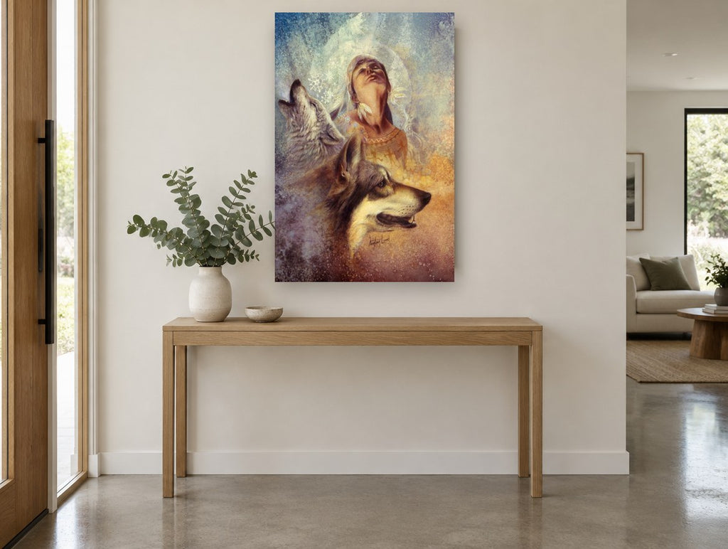 Wolf Song Reverie animal canvas print on the wall of a entry hall