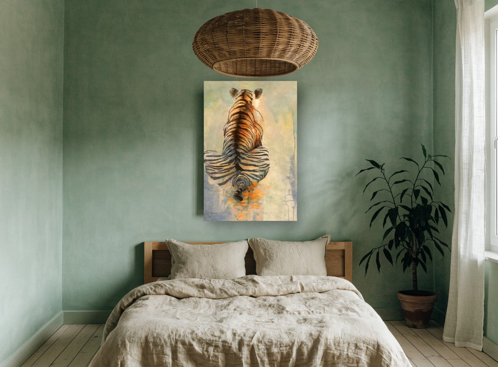 Tiger From Behind animal canvas print on the wall of a bedroom