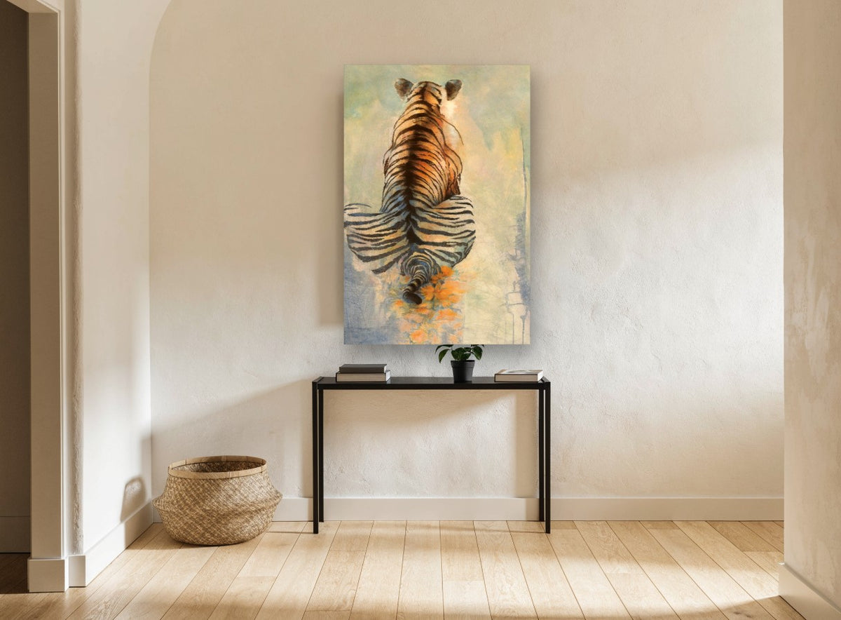 Tiger From Behind animal canvas print on the wall of a hallway