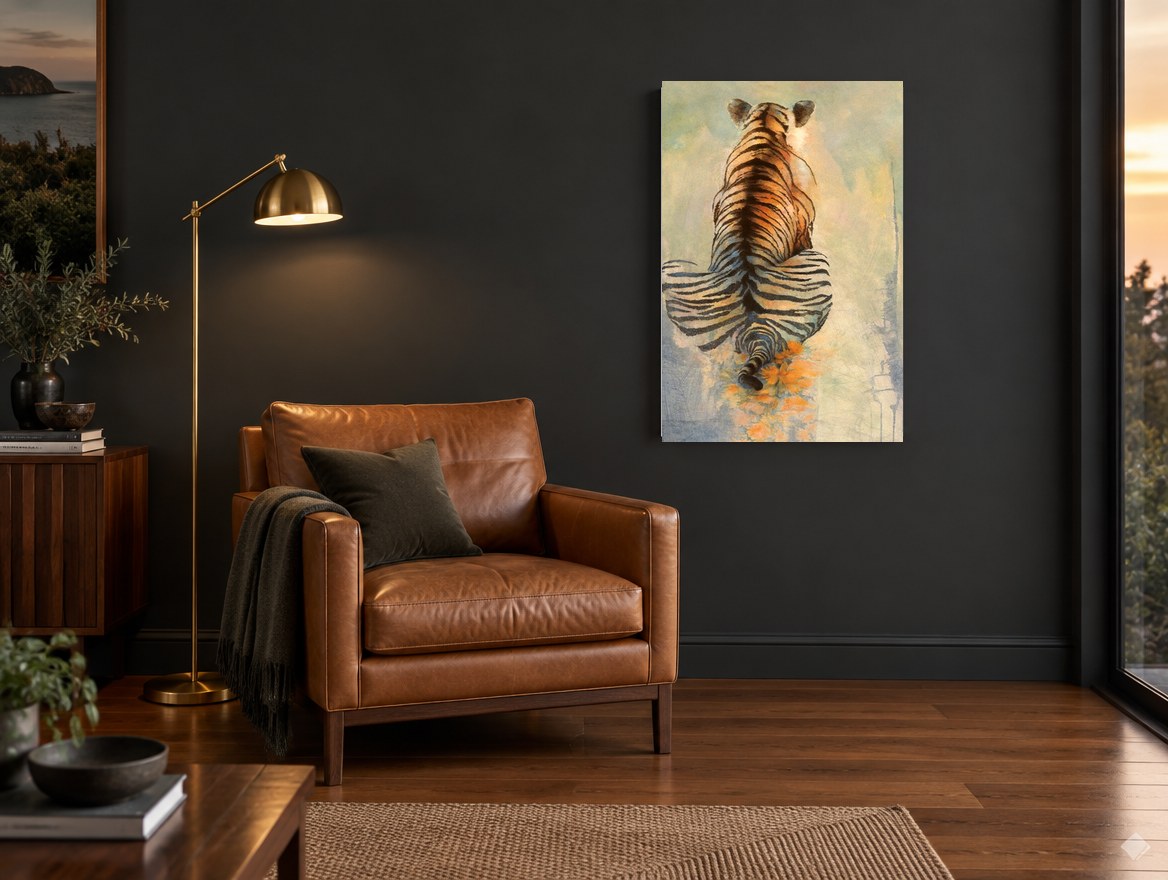 Tiger From Behind animal canvas print on the wall of a charcoal living room