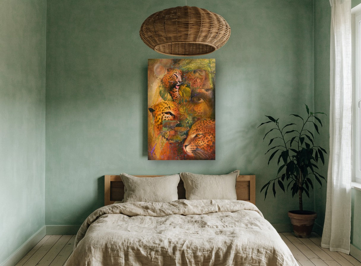Leopard Jungle Collage animal canvas print on the wall of a bedroom