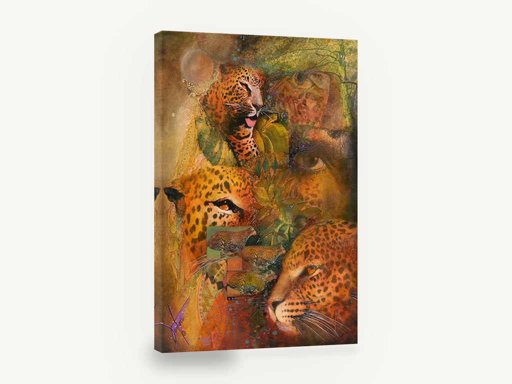 Leopard Jungle Collage, leopard collage mixed media artwork, animal canvas wall art print ready to hang