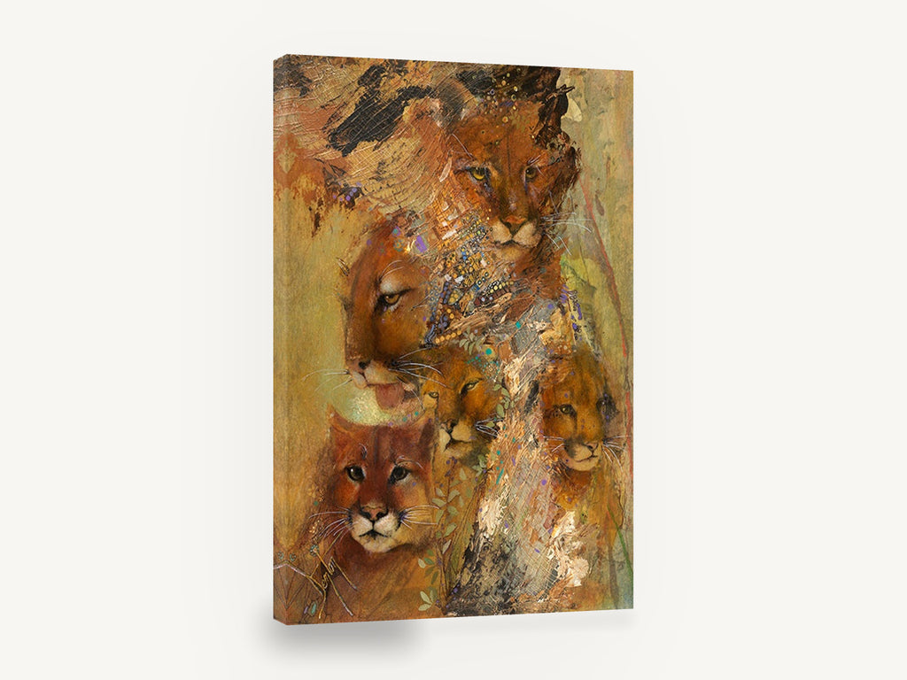 Cougar Family Collage, mountain lion family mixed media art, animal canvas wall art print ready to hang