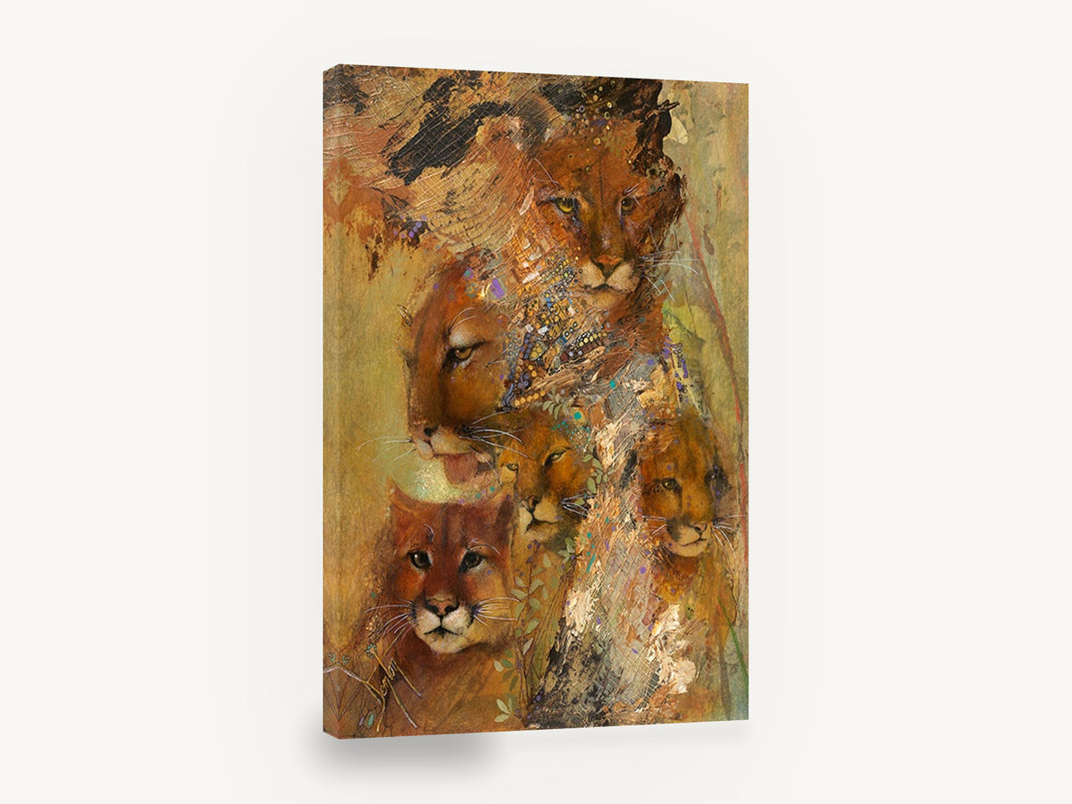 Cougar Family Collage, mountain lion family mixed media art, animal canvas wall art print ready to hang