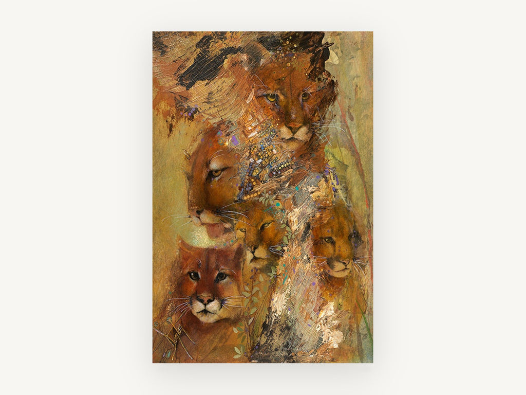 Cougar Family Collage, mountain lion family mixed media art, animal canvas wall art print, front view