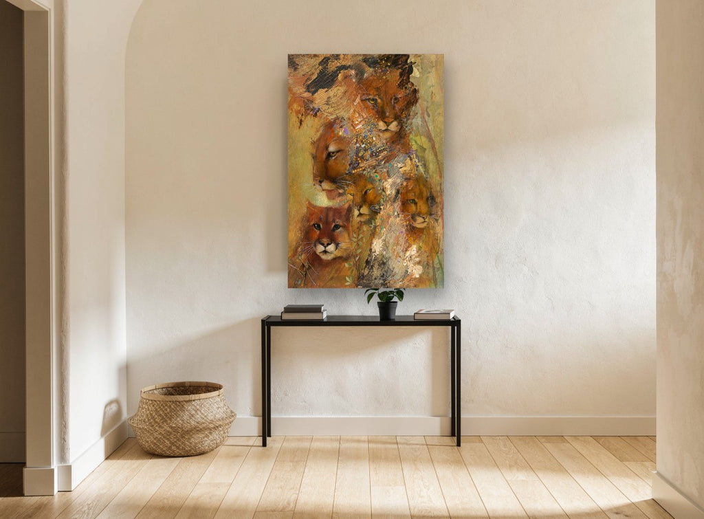 Cougar Family Collage animal canvas print on the wall of a hallway