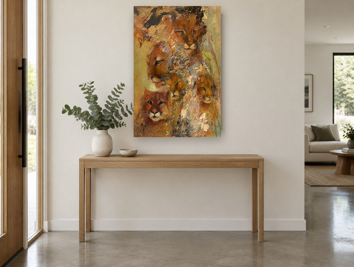 Cougar Family Collage animal canvas print on the wall of a entry hall