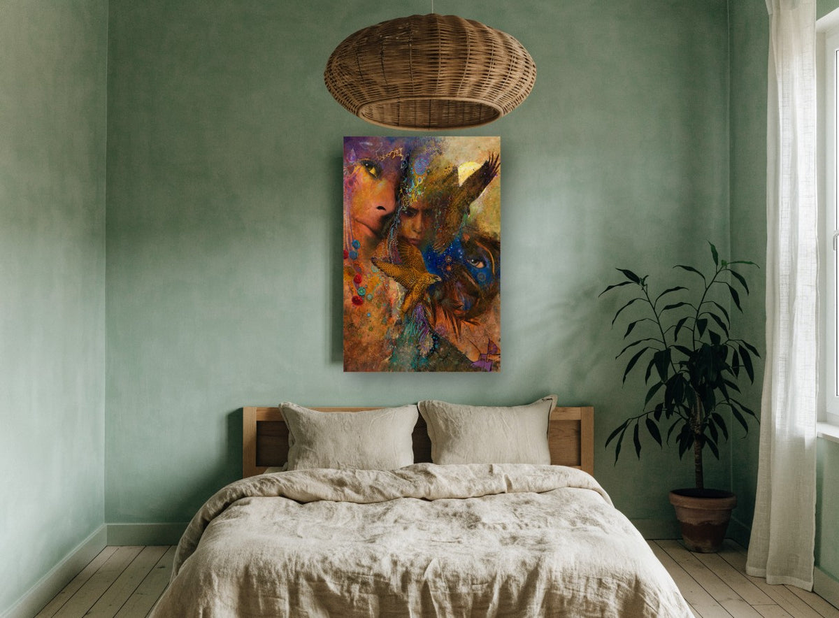 Falcon and Faces Dreamscape animal canvas print on the wall of a bedroom