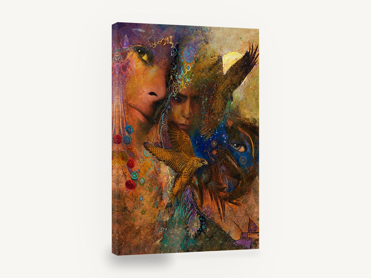 Falcon and Faces Dreamscape, falcon and faces mixed media artwork, animal canvas wall art print ready to hang