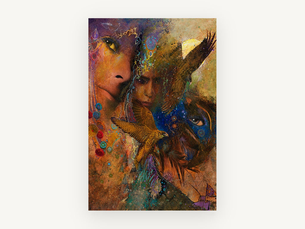 Falcon and Faces Dreamscape, falcon and faces mixed media artwork, animal canvas wall art print, front view