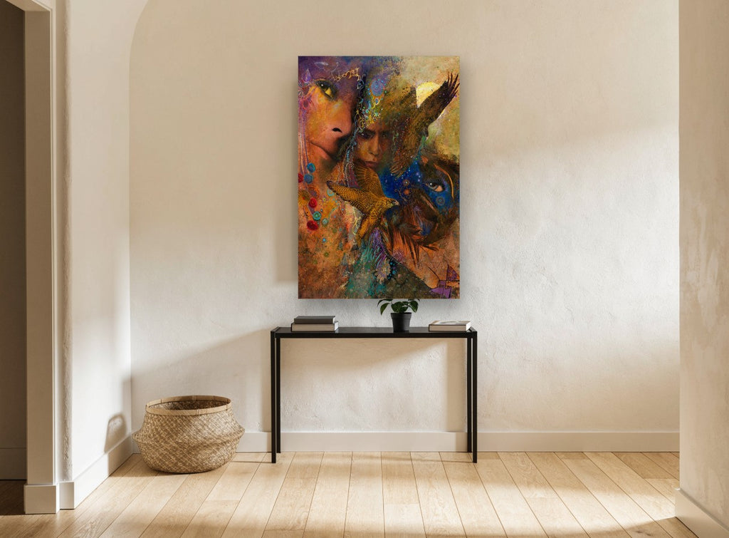 Falcon and Faces Dreamscape animal canvas print on the wall of a hallway