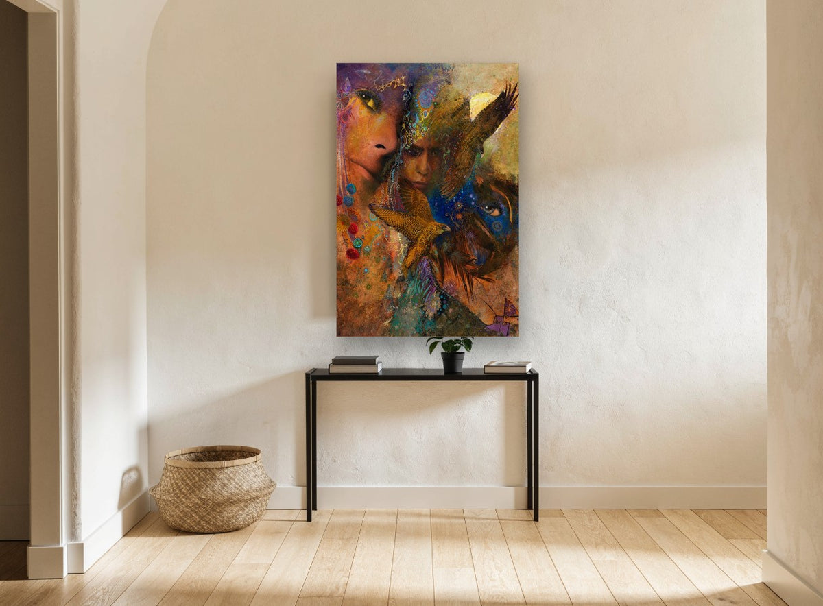 Falcon and Faces Dreamscape animal canvas print on the wall of a hallway