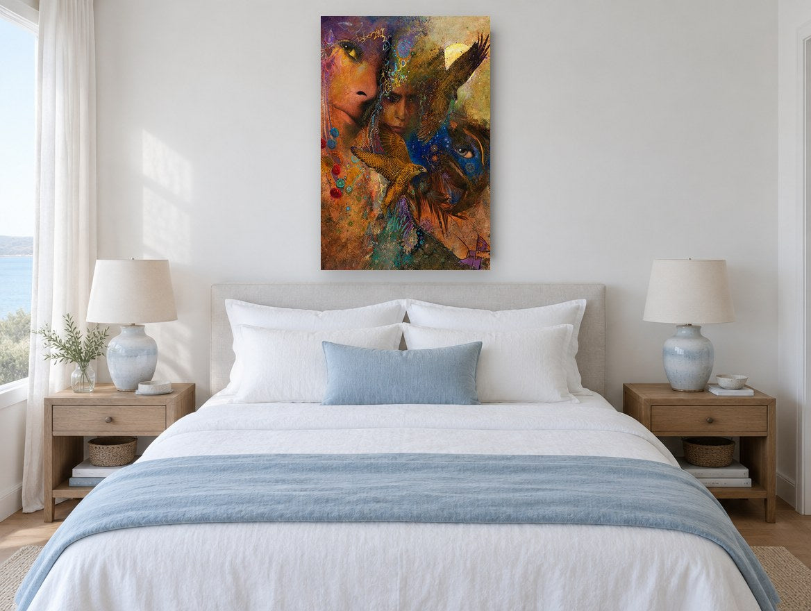 Falcon and Faces Dreamscape animal canvas print on the wall of a bedroom
