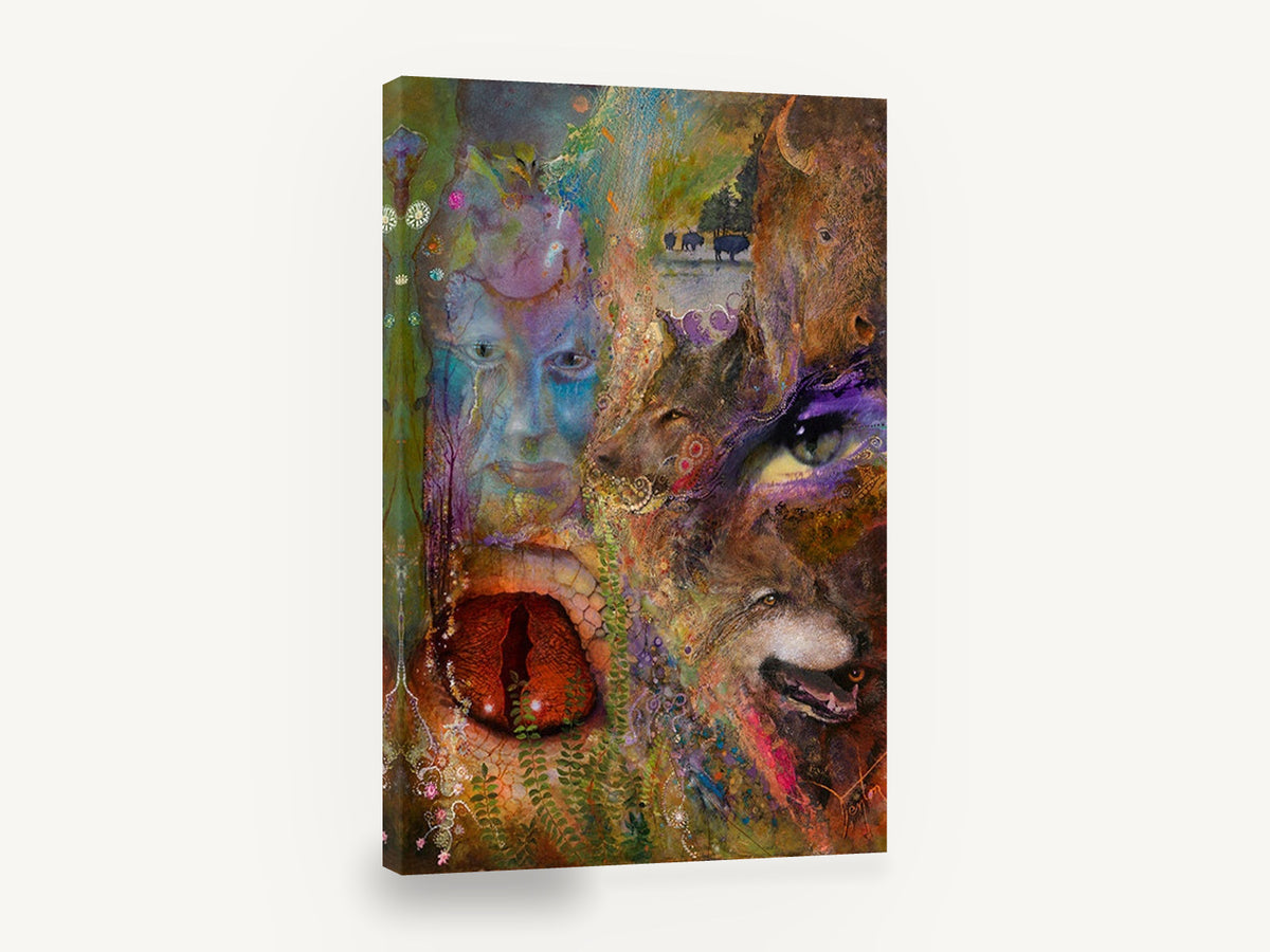 Eyes of the Wild, wolf bison face mixed media collage, animal canvas wall art print ready to hang