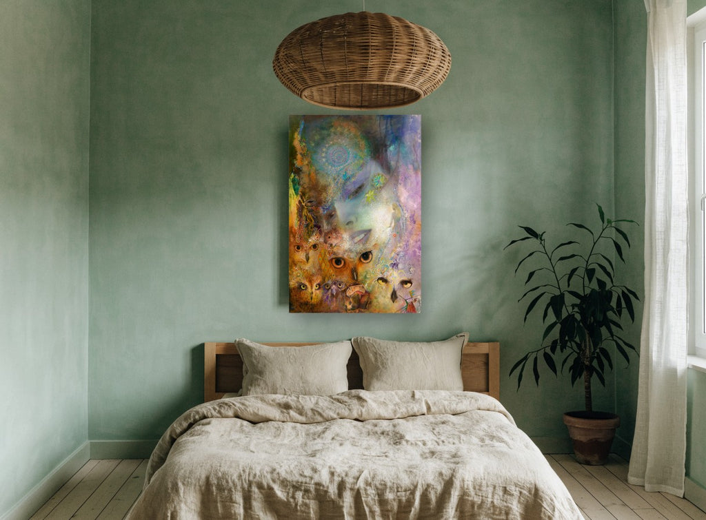 Owl Eyed Dream Faces animal canvas print on the wall of a bedroom