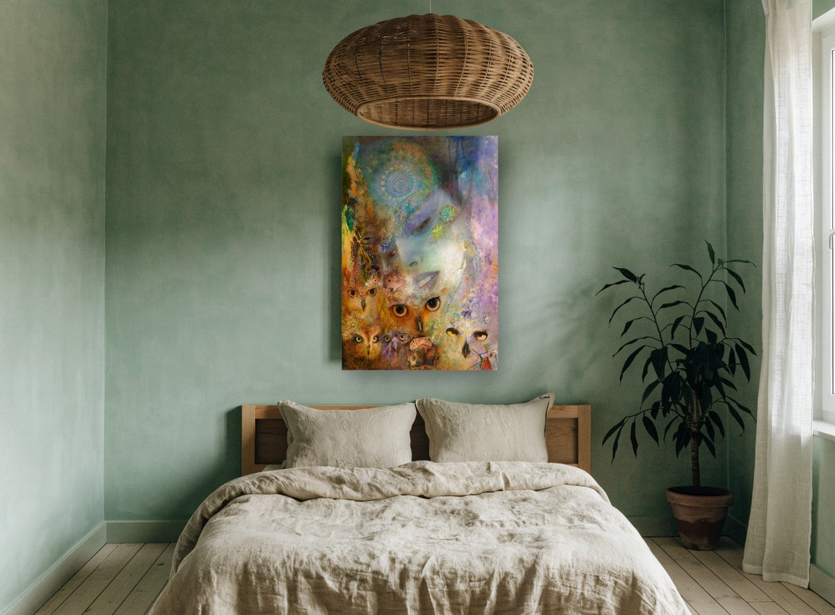 Owl Eyed Dream Faces animal canvas print on the wall of a bedroom