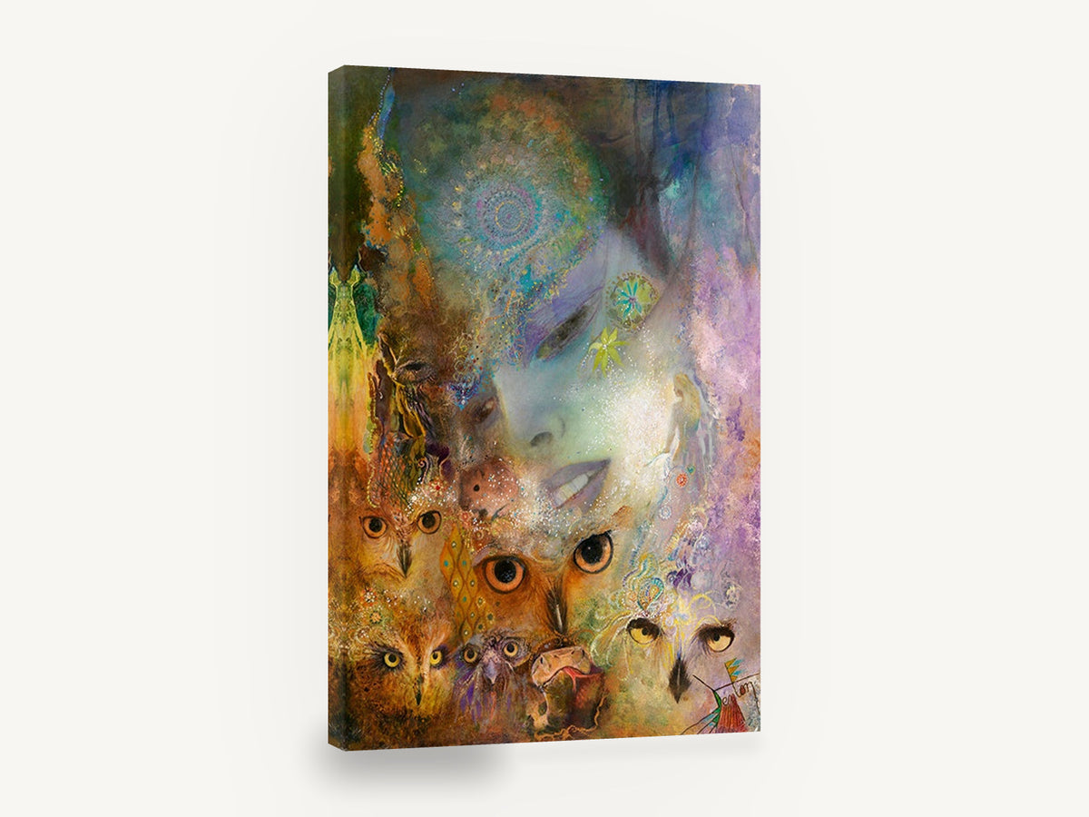 Owl Eyed Dream Faces, owl and woman mixed media collage, animal canvas wall art print ready to hang
