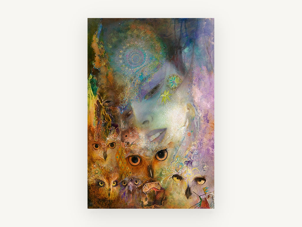 Owl Eyed Dream Faces, owl and woman mixed media collage, animal canvas wall art print, front view