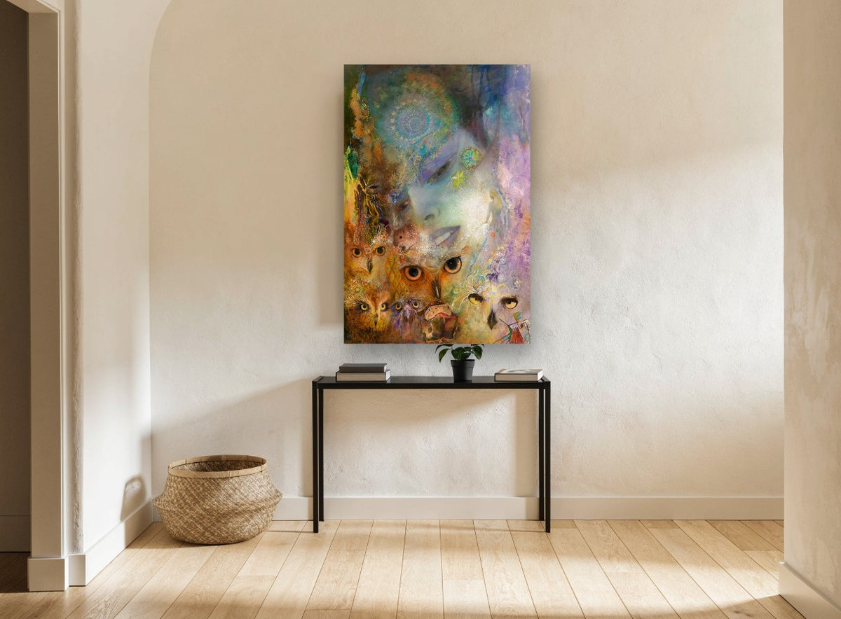 Owl Eyed Dream Faces animal canvas print on the wall of a hallway