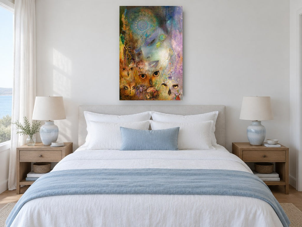 Owl Eyed Dream Faces animal canvas print on the wall of a bedroom