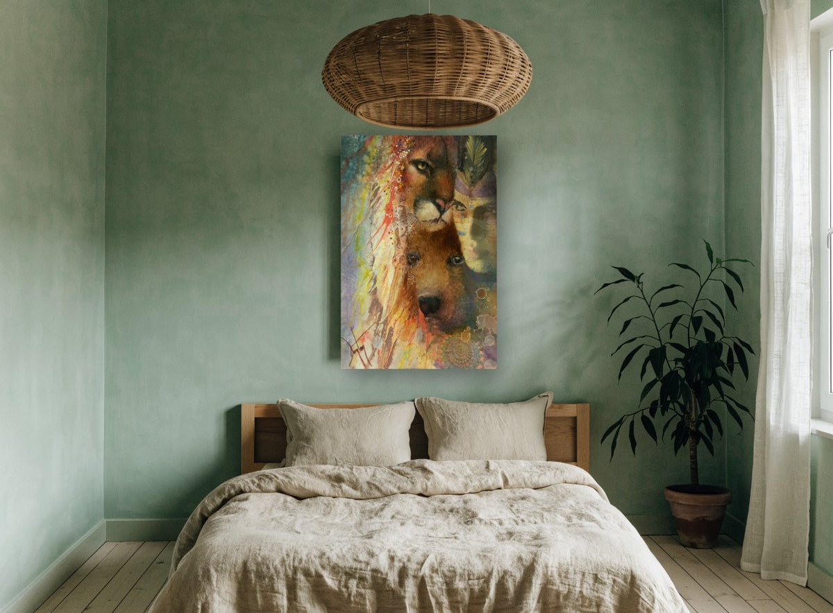 Spirit Companions animal canvas print on the wall of a bedroom
