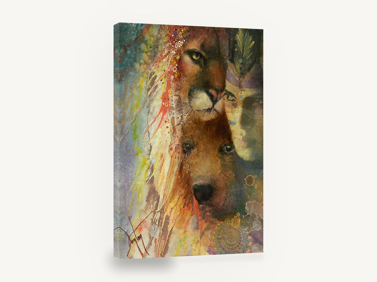 Spirit Companions, mountain lion bear spirit portrait, animal canvas wall art print ready to hang