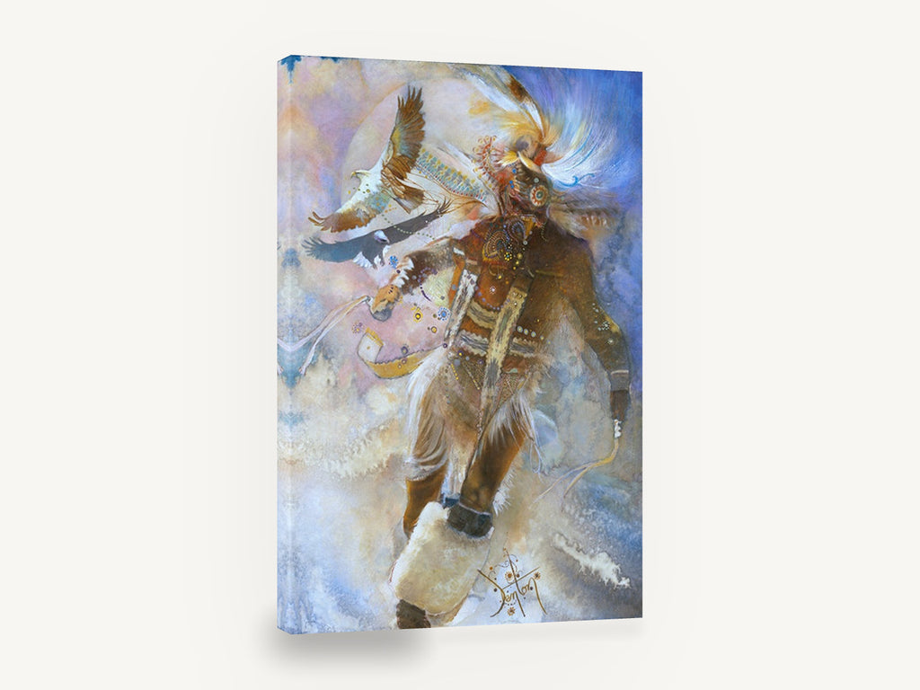 Eagle Dancer in Clouds, eagle and dancer figurative artwork, animal canvas wall art print ready to hang