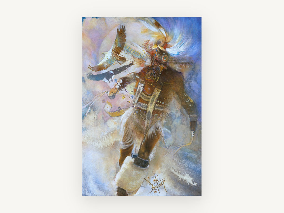 Eagle Dancer in Clouds, eagle and dancer figurative artwork, animal canvas wall art print, front view