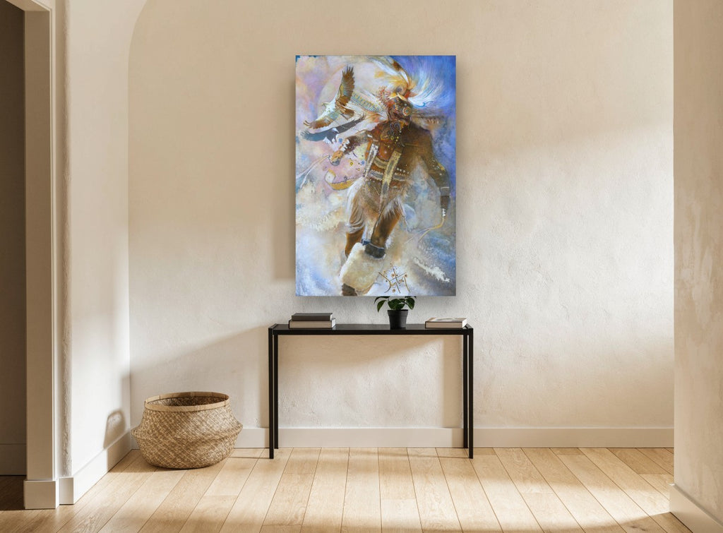 Eagle Dancer in Clouds animal canvas print on the wall of a hallway