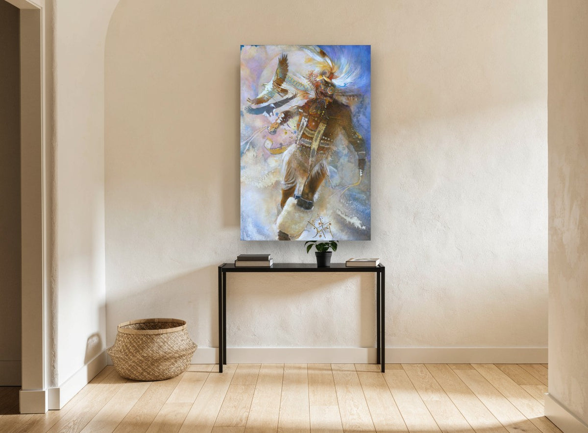 Eagle Dancer in Clouds animal canvas print on the wall of a hallway