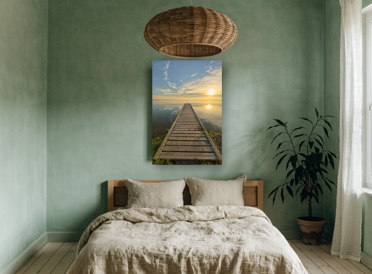 Jetty at Golden Hour landscape canvas print on the wall of a bedroom