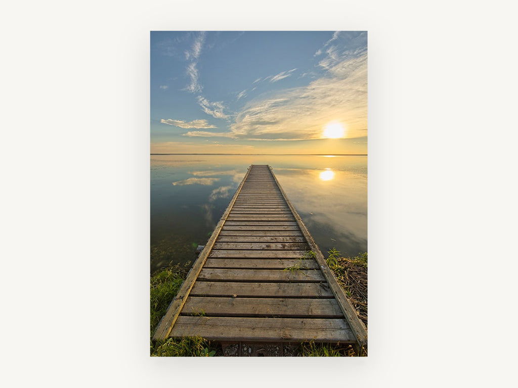 Jetty at Golden Hour, timber jetty sunset lake photograph, landscape canvas wall art print, front view