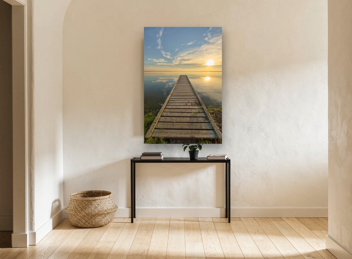 Jetty at Golden Hour landscape canvas print on the wall of a hallway