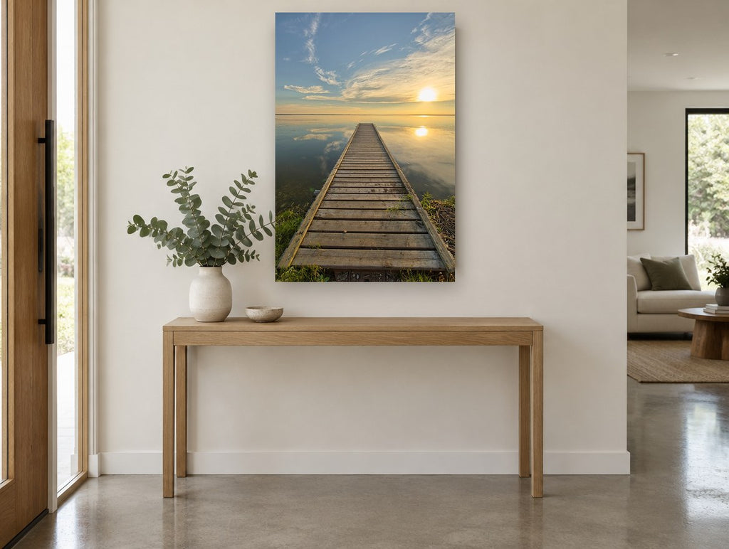 Jetty at Golden Hour landscape canvas print on the wall of a entry hall
